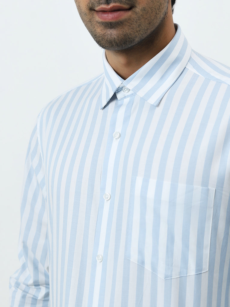 WES Formals Blue Striped Slim-Fit Cotton Shirt