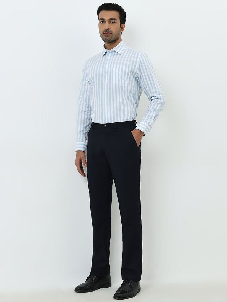 WES Formals Blue Striped Slim-Fit Cotton Shirt