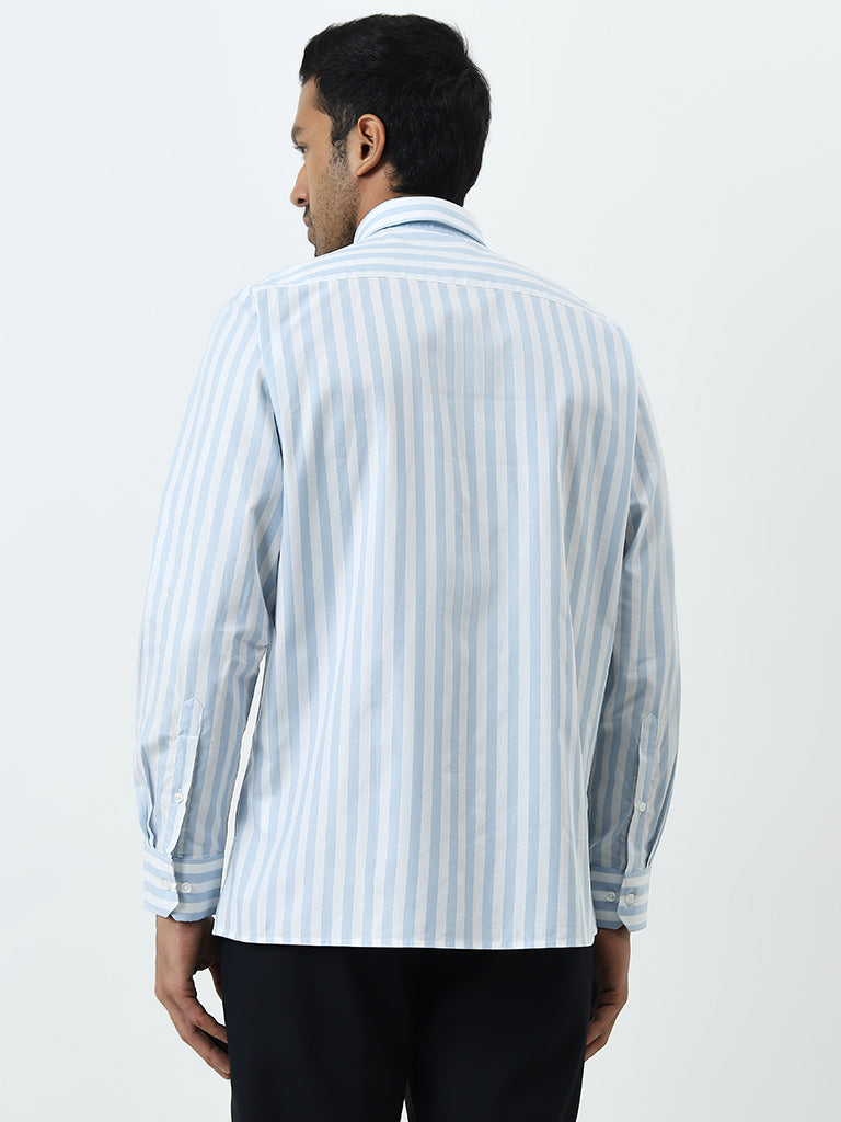 WES Formals Blue Striped Slim-Fit Cotton Shirt