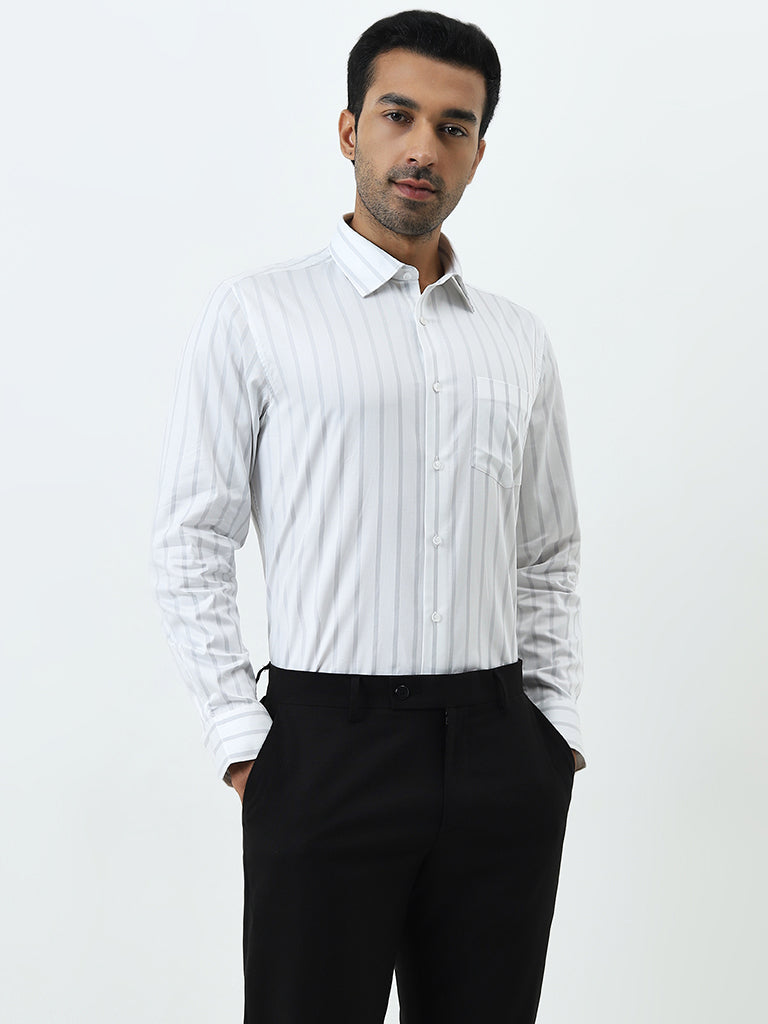 WES Formals White Striped Slim-Fit Cotton Shirt