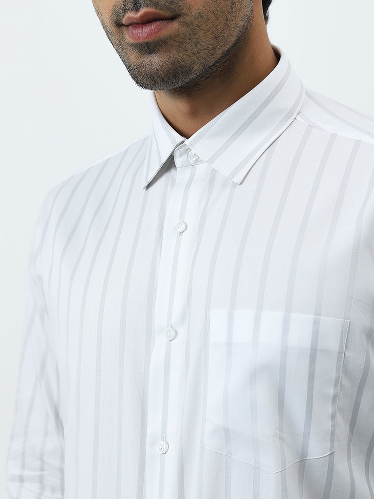 WES Formals White Striped Slim-Fit Cotton Shirt