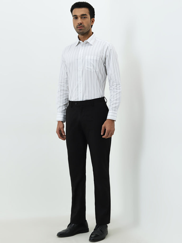 WES Formals White Striped Slim-Fit Cotton Shirt