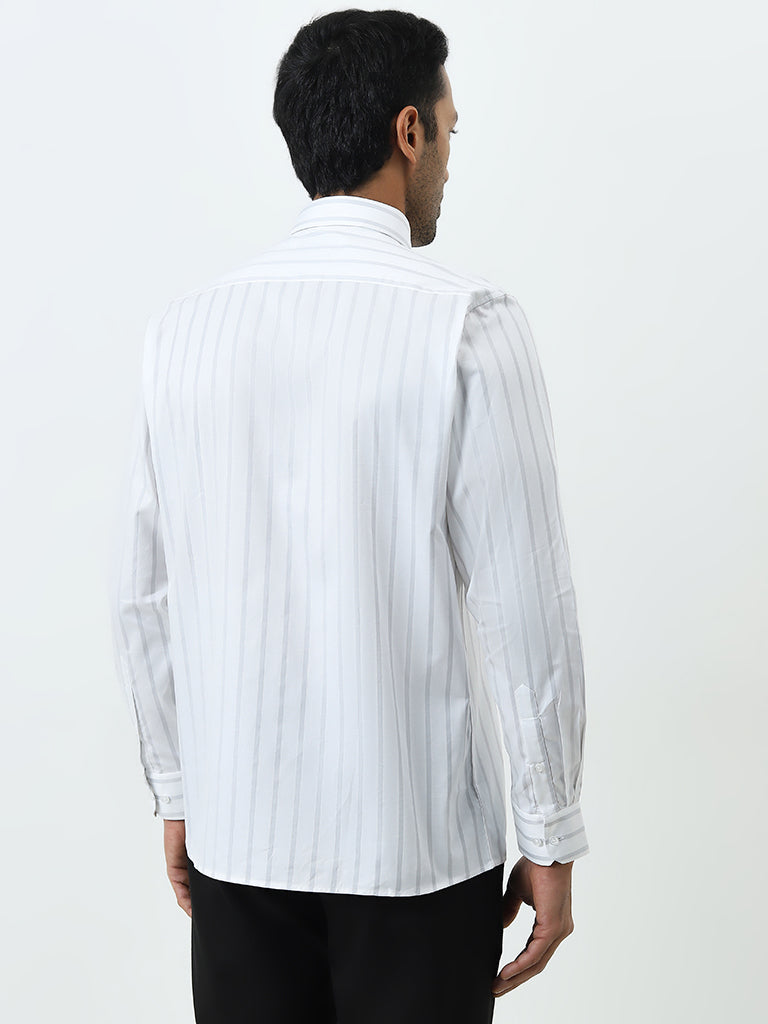 WES Formals White Striped Slim-Fit Cotton Shirt