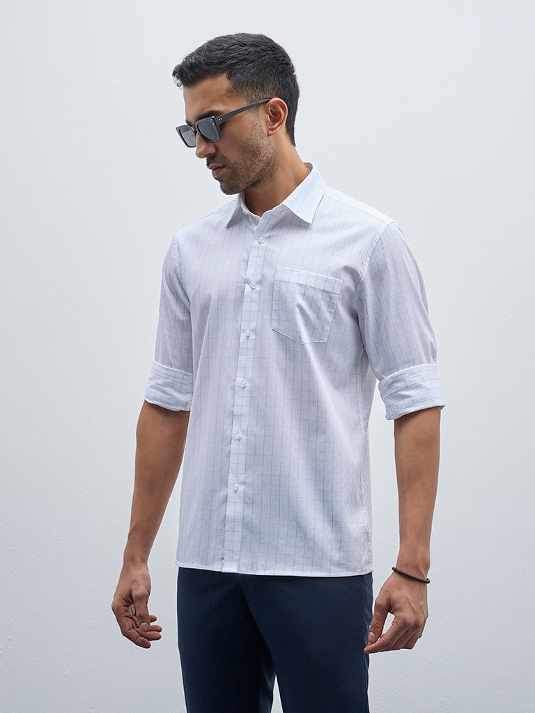 WES Formals White Checkered Slim-Fit Shirt