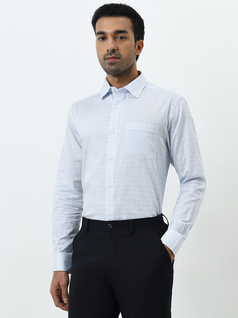 WES Formals Blue Checkered Relaxed-Fit Cotton Shirt