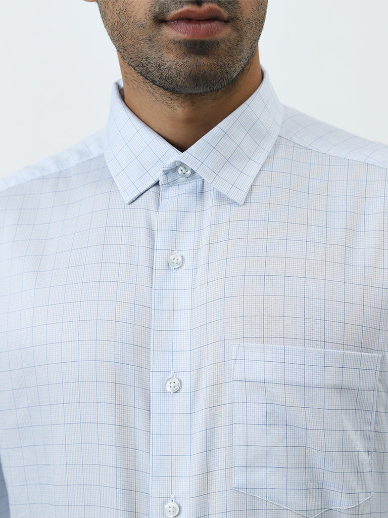 WES Formals Blue Checkered Relaxed-Fit Cotton Shirt