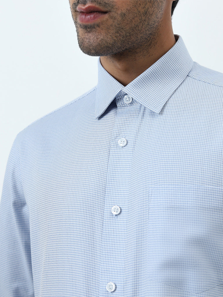 WES Formals Blue Patterned Relaxed-Fit Cotton Shirt