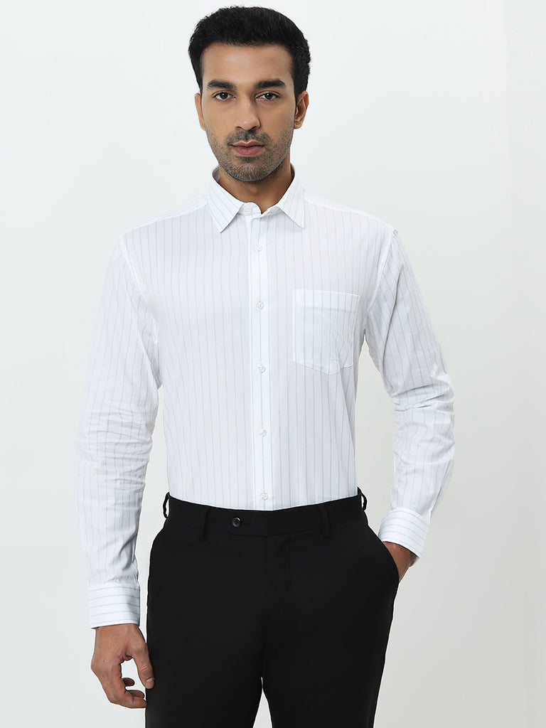 WES Formals White Striped Relaxed-Fit Cotton Shirt