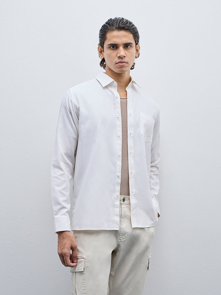 WES Formals Beige Solid Slim-Fit Cotton Shirt