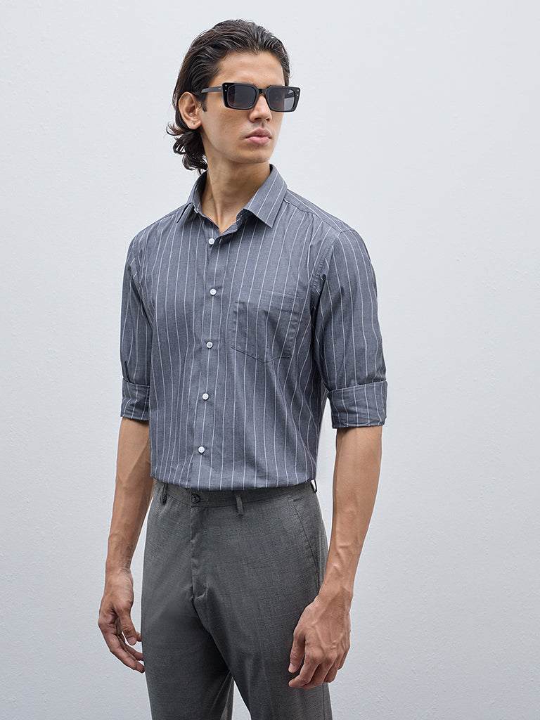 WES Formals Grey Striped Slim-Fit Cotton Shirt