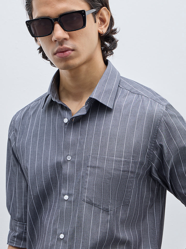 WES Formals Grey Striped Slim-Fit Cotton Shirt