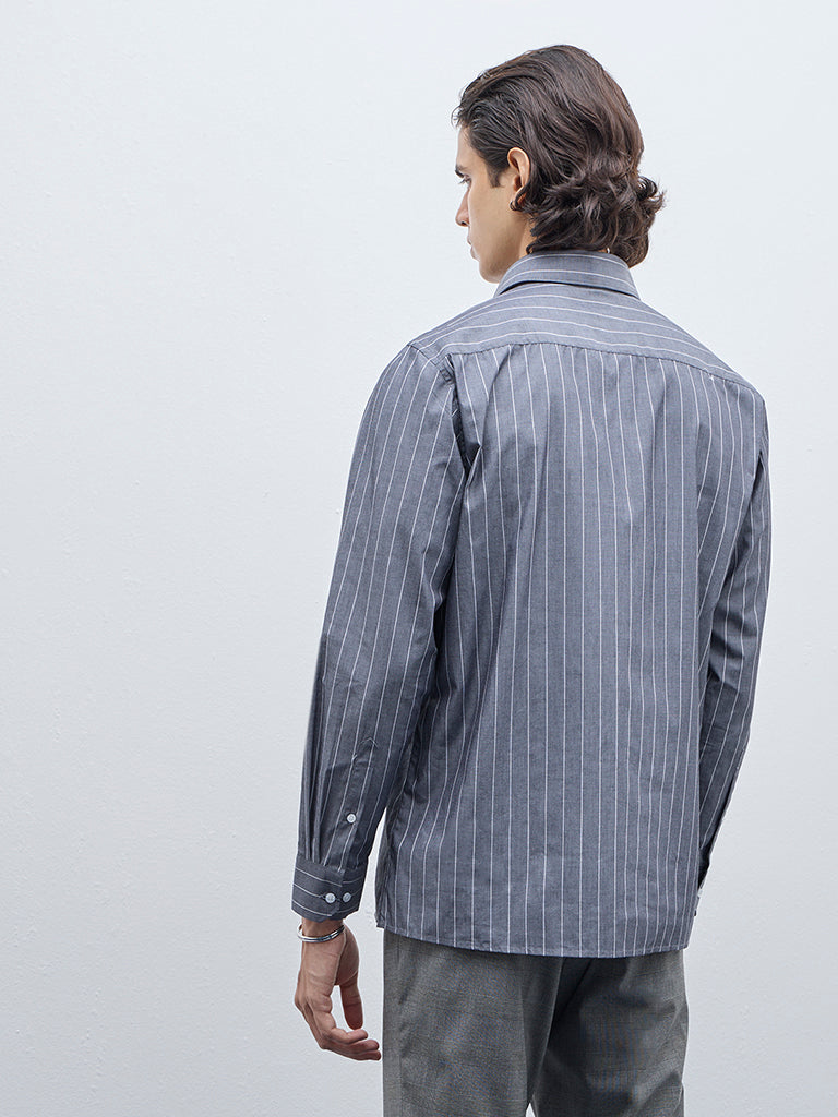 WES Formals Grey Striped Slim-Fit Cotton Shirt