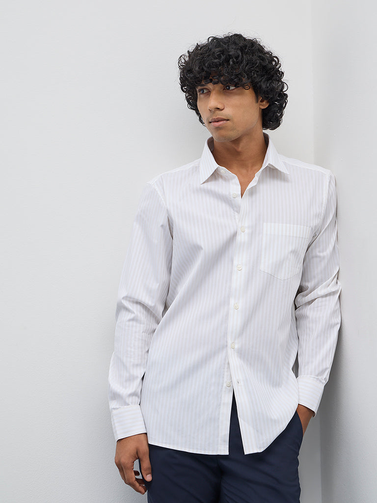 WES Formals Beige Striped Slim-Fit Cotton Shirt