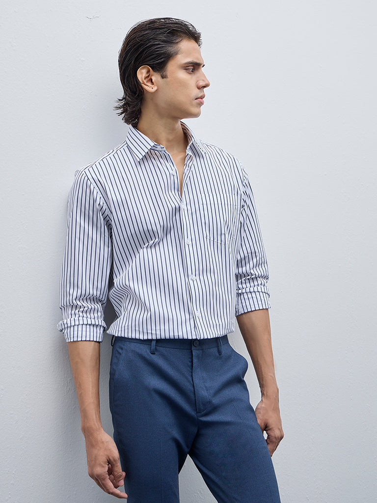 WES Formals White Striped Slim-Fit Cotton Shirt