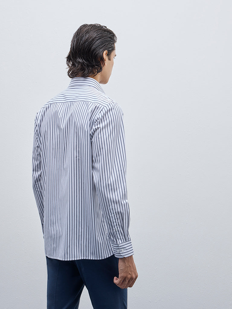 WES Formals White Striped Slim-Fit Cotton Shirt