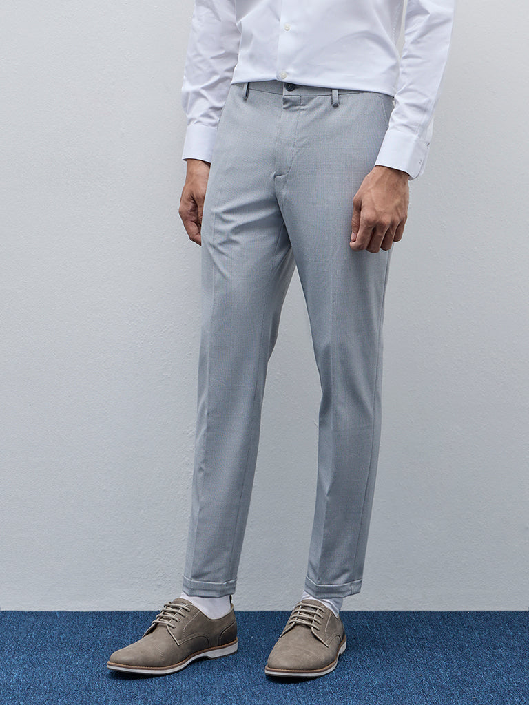 WES Formals Grey Plaid Carrot-Fit Mid-Rise Trousers