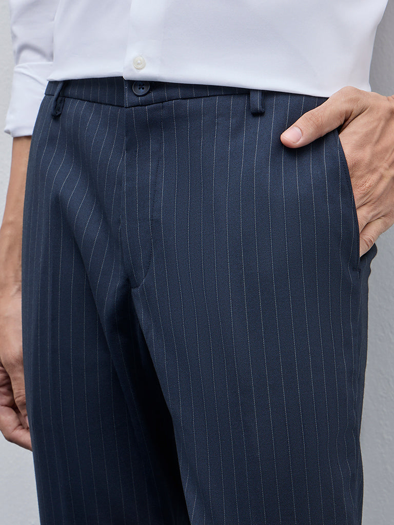 WES Formals Navy Striped Carrot-Fit Mid-Rise Trousers