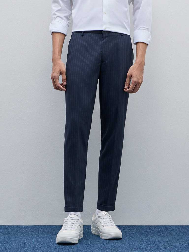 WES Formals Navy Striped Carrot-Fit Mid-Rise Trousers