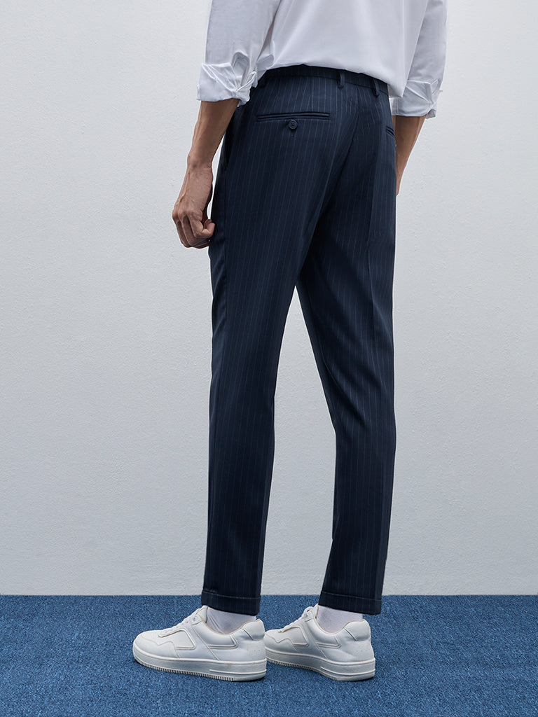 WES Formals Navy Striped Carrot-Fit Mid-Rise Trousers