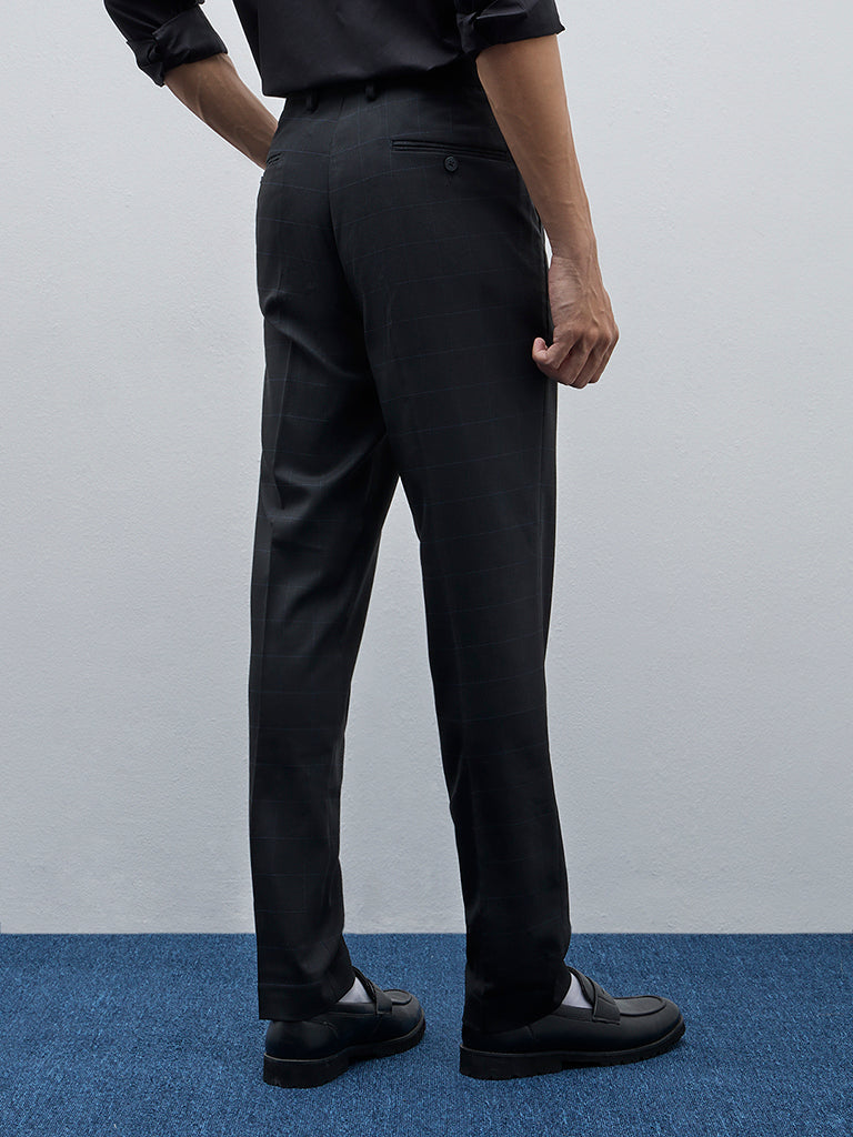 WES Formals Black Checkered Slim-Fit Mid-Rise Trousers