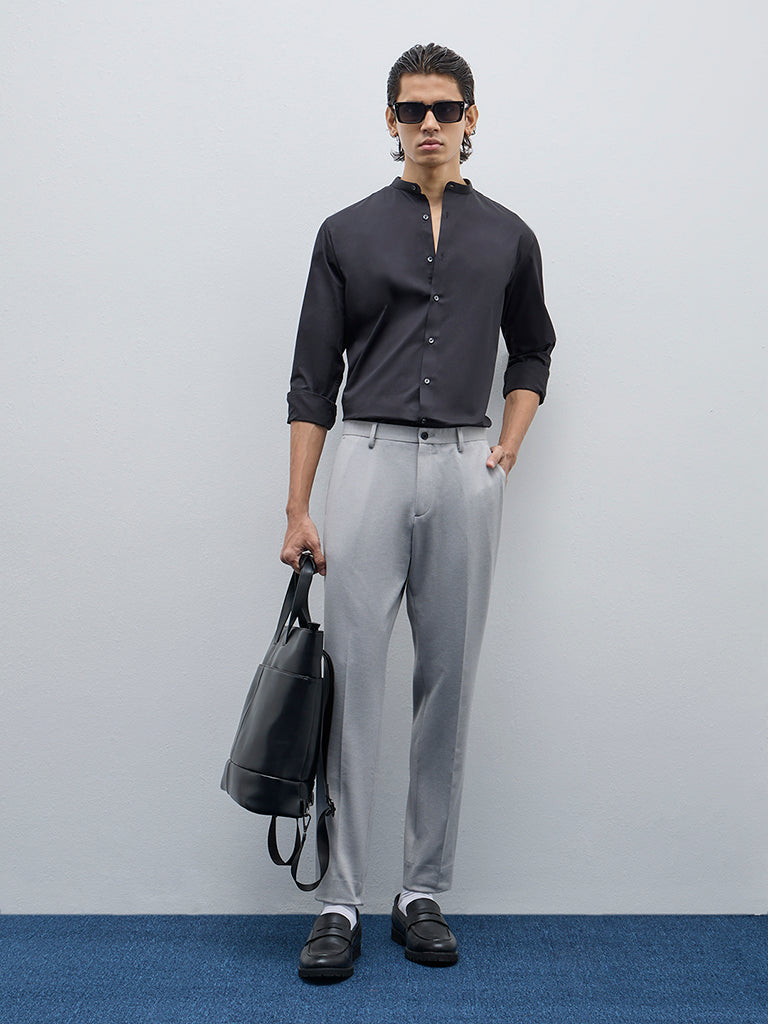 WES Formals Grey Solid Slim-Tapered Mid-Rise Trousers