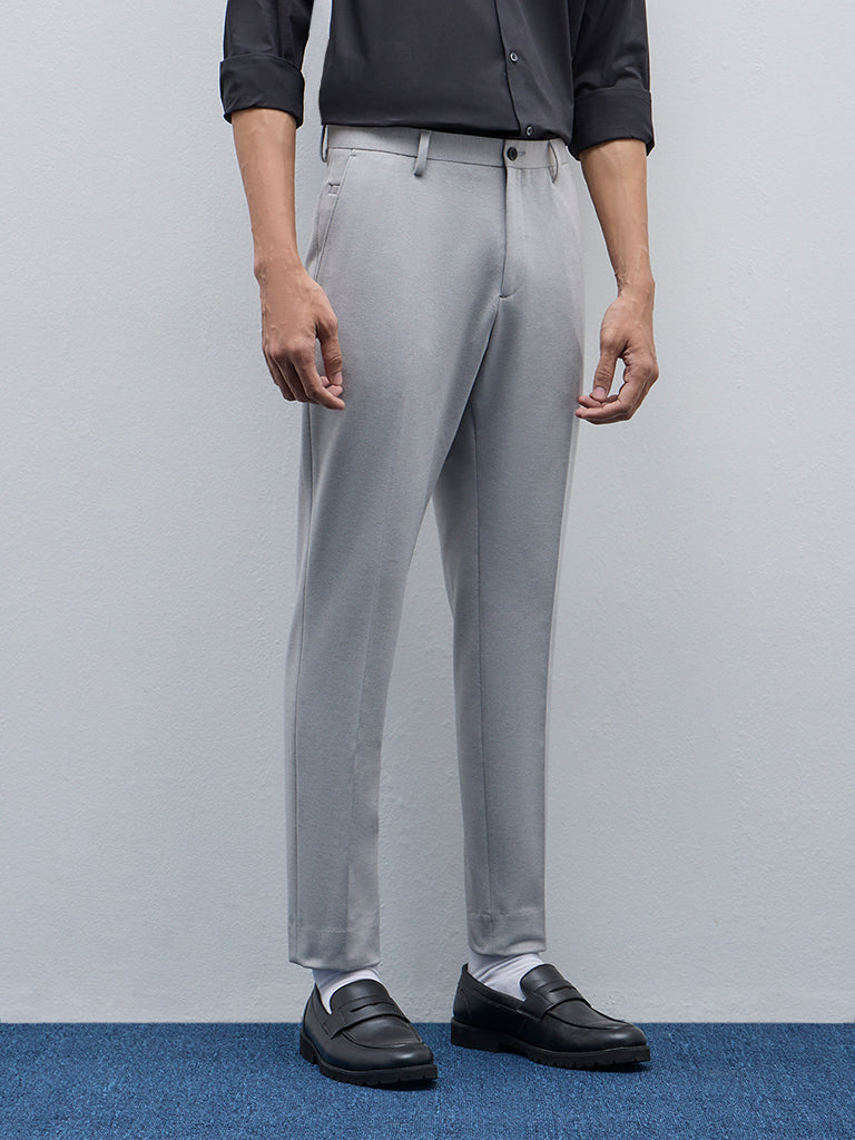 WES Formals Grey Solid Slim-Tapered Mid-Rise Trousers