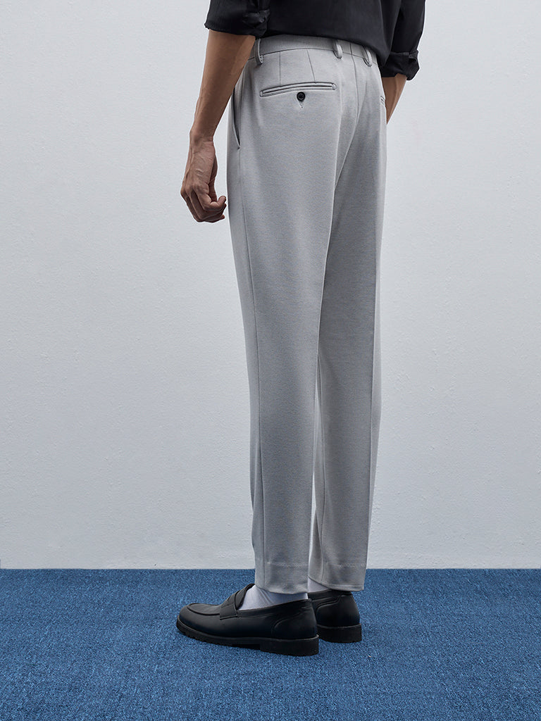 WES Formals Grey Solid Slim-Tapered Mid-Rise Trousers