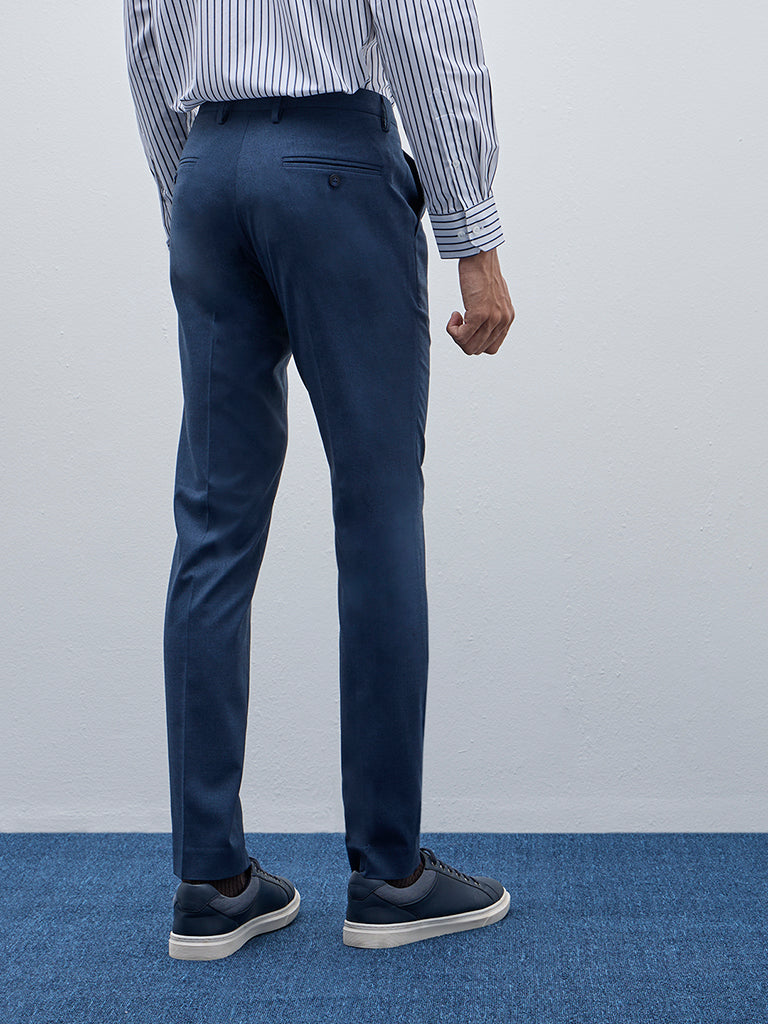 WES Formals Blue Ultra Slim-Fit Mid-Rise Trousers