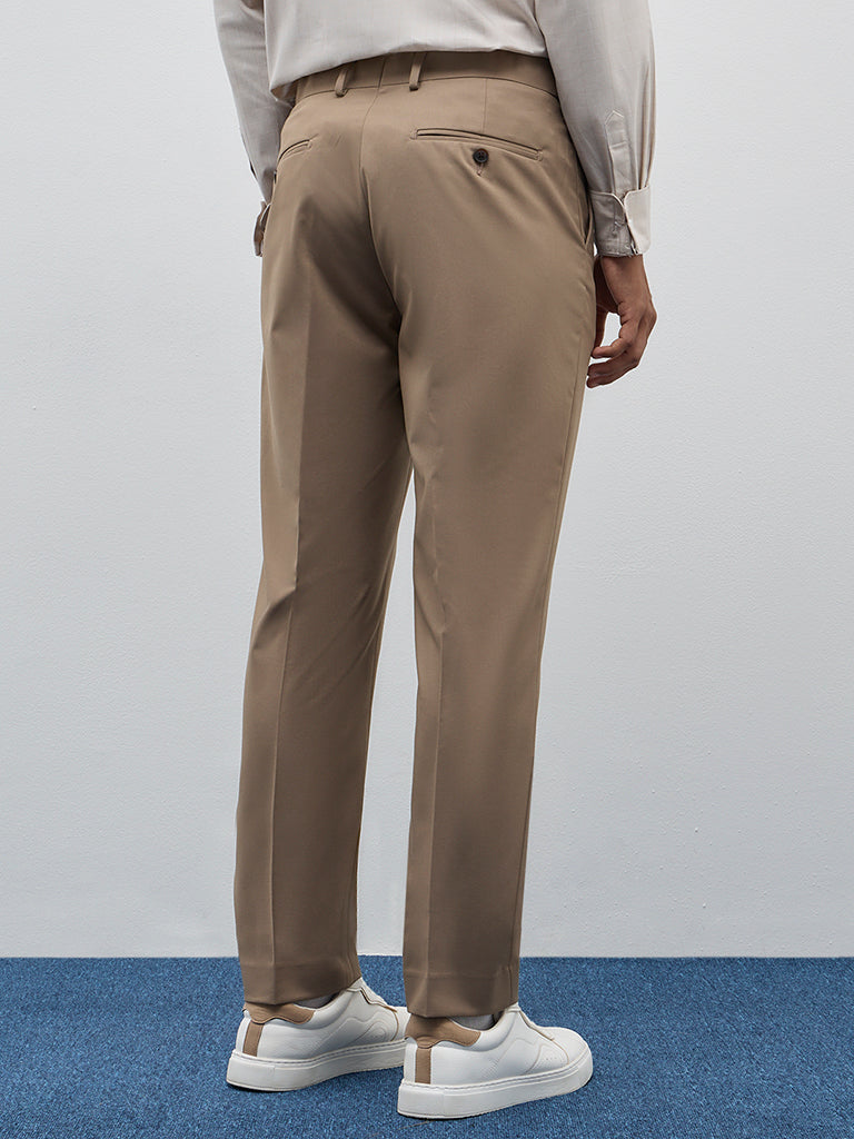 WES Formals Taupe Solid Slim-Fit Mid-Rise Trousers