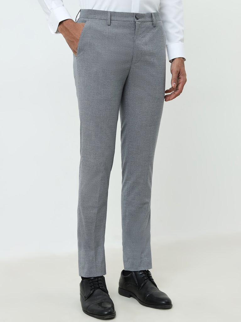 WES Formals Blue Printed Ultra Slim-Fit High-Rise Trousers