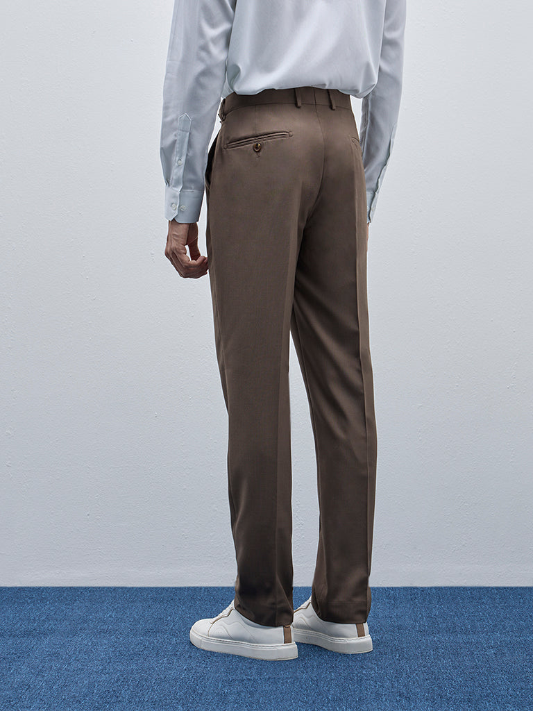 WES Formals Dark Brown Mid-Rise Relaxed-Fit Trousers