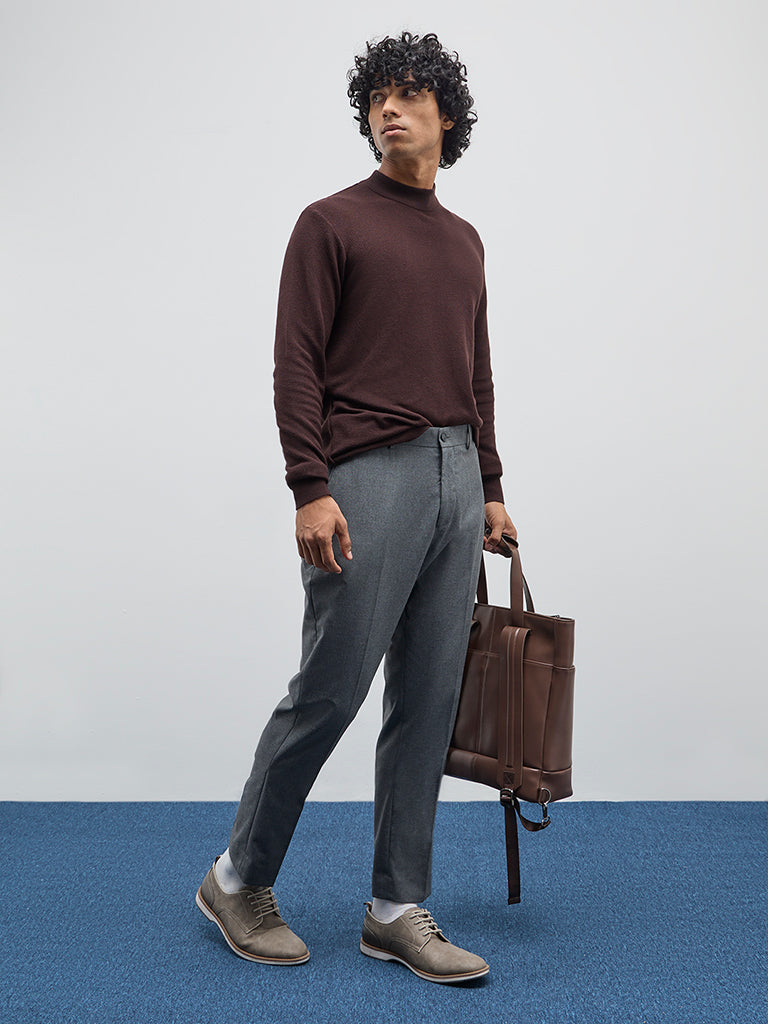 WES Formals Dark Grey Relaxed-Fit Mid-Rise Trousers