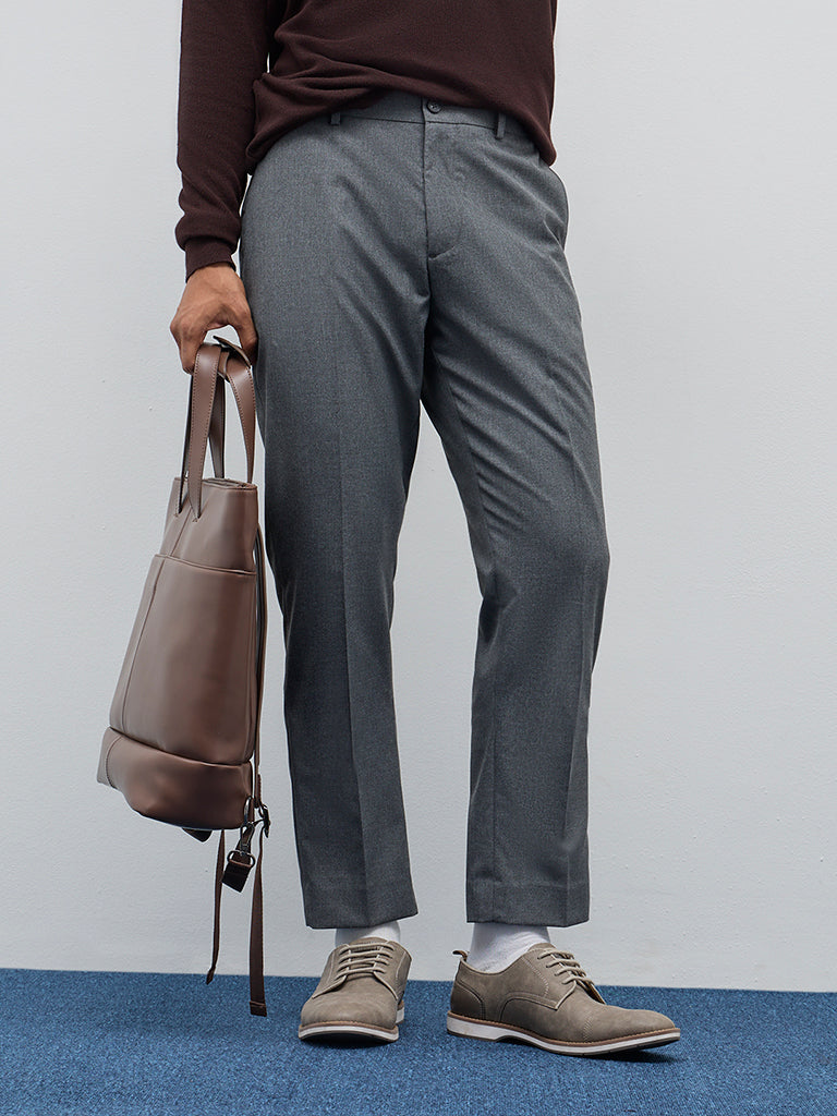 WES Formals Dark Grey Relaxed-Fit Mid-Rise Trousers