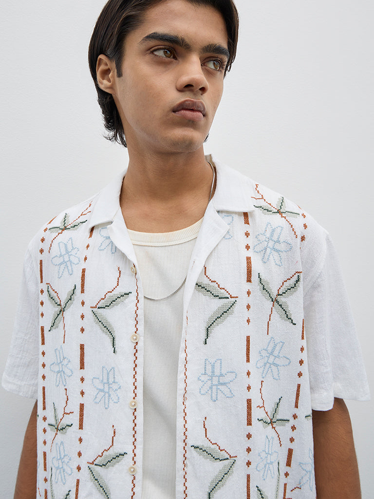 ETA White Embroidered Relaxed-Fit Cotton Shirt