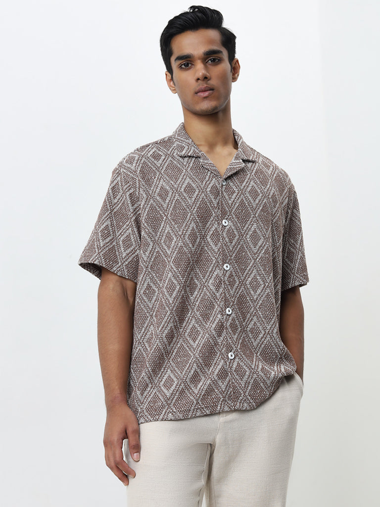 ETA Brown Knit-Textured Relaxed-Fit Cotton Shirt