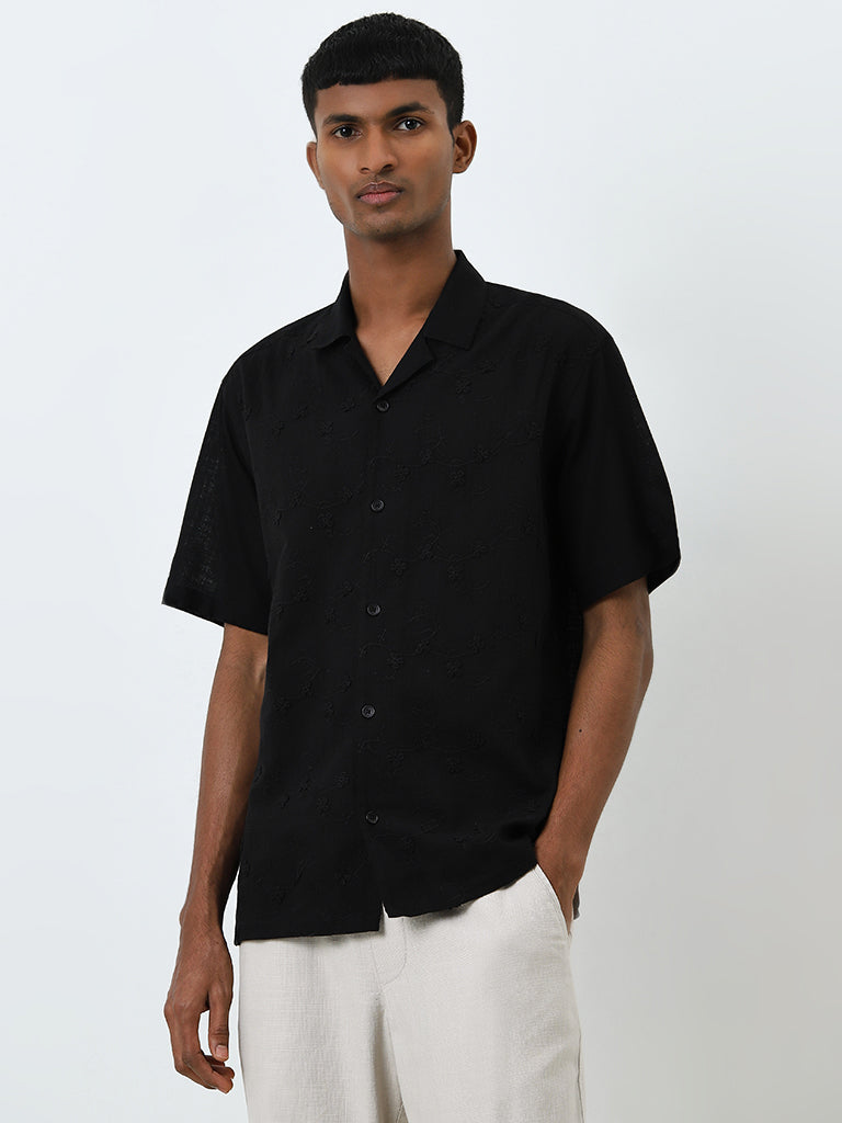 ETA Black Embroidered Resort-Fit Cotton Shirt