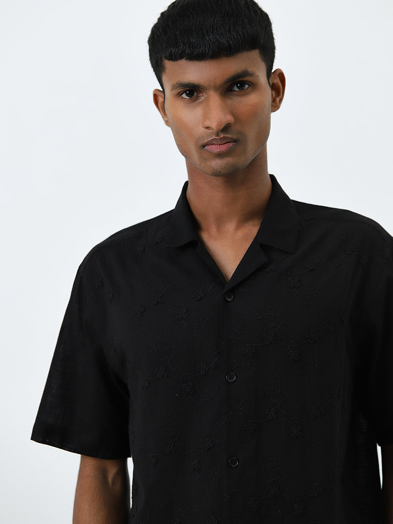 ETA Black Embroidered Resort-Fit Cotton Shirt