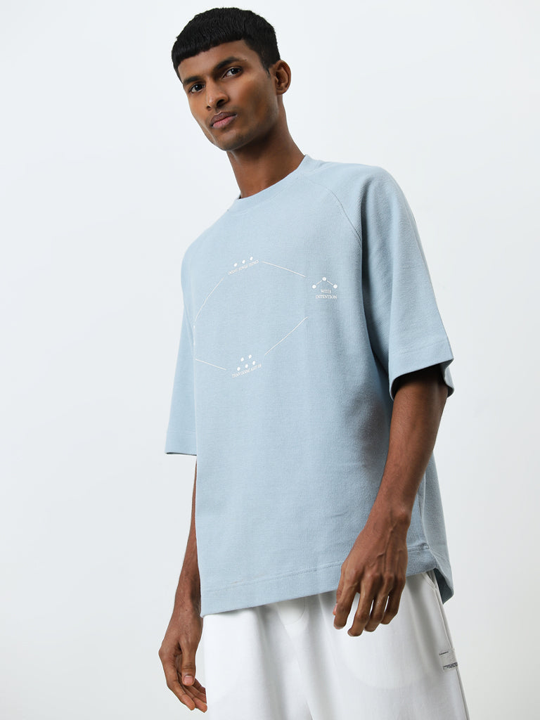 Studiofit Light Blue Text Design Relaxed-Fit Cotton T-Shirt