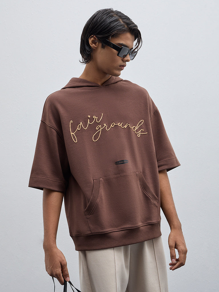 Studiofit Brown Text Patterned Relaxed-Fit Sweatshirt