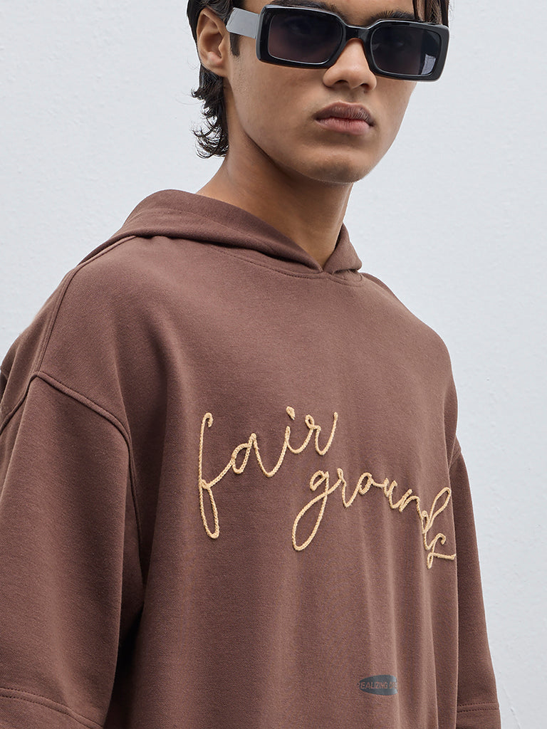 Studiofit Brown Text Patterned Relaxed-Fit Sweatshirt