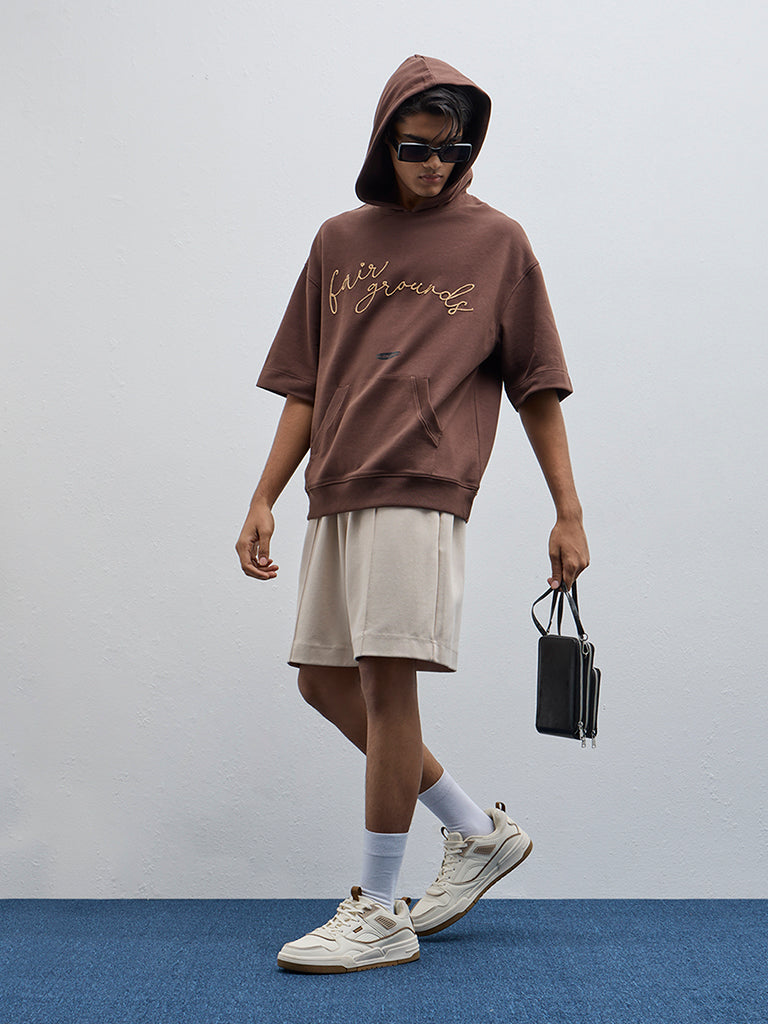 Studiofit Brown Text Patterned Relaxed-Fit Sweatshirt