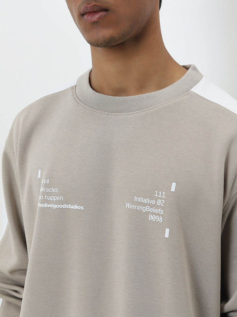 Studiofit Beige Text Printed Relaxed-Fit Sweatshirt