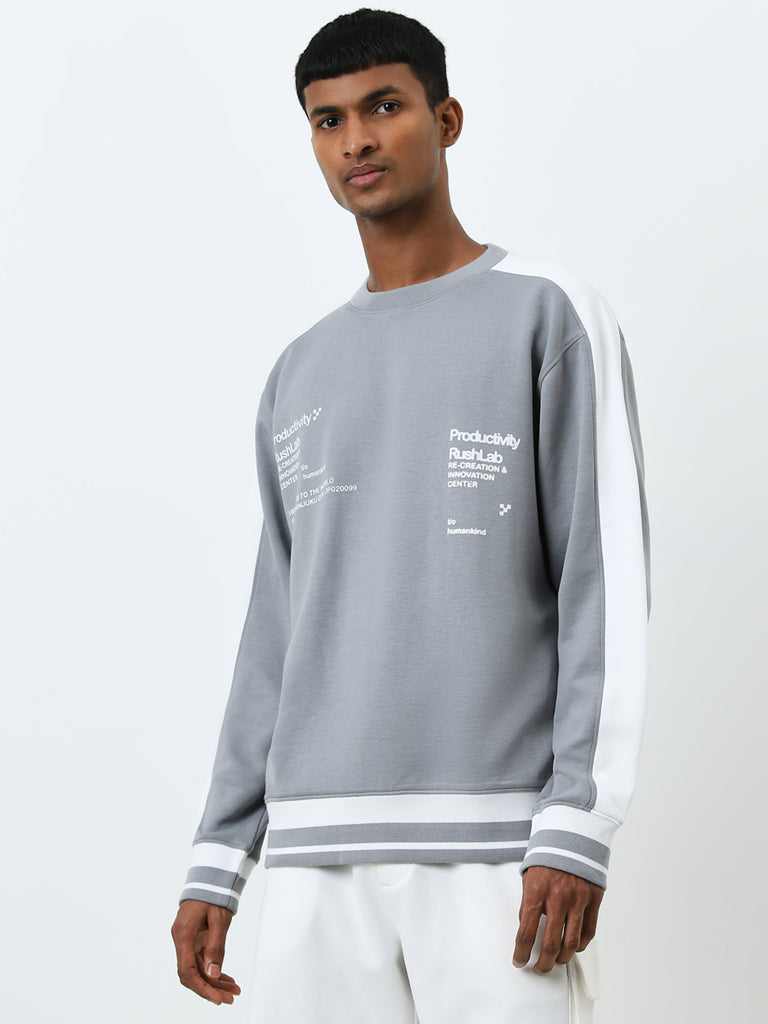 Studiofit Grey Colour Blocked Relaxed-Fit Sweatshirt