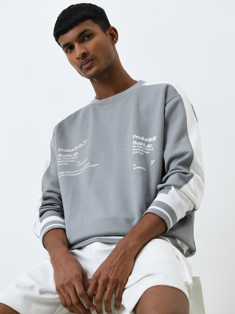 Studiofit Grey Colour Blocked Relaxed-Fit Sweatshirt