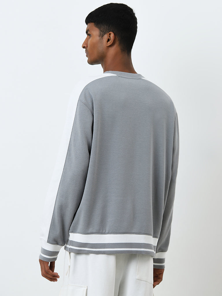 Studiofit Grey Colour Blocked Relaxed-Fit Sweatshirt