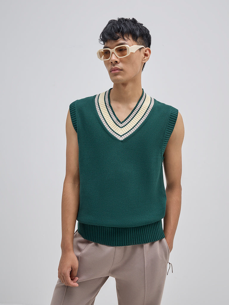 Studiofit Green Ribbed Relaxed-Fit Vest-Style Sweater