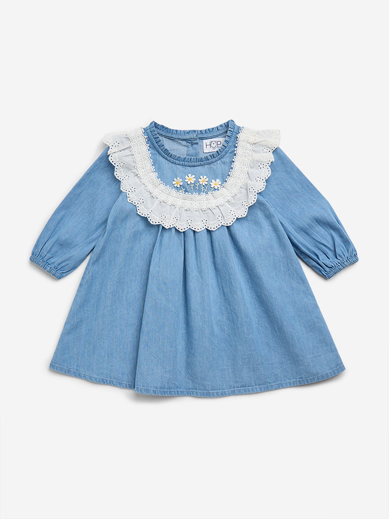 HOP Baby Blue Lace-Detailed A-Line Cotton Dress