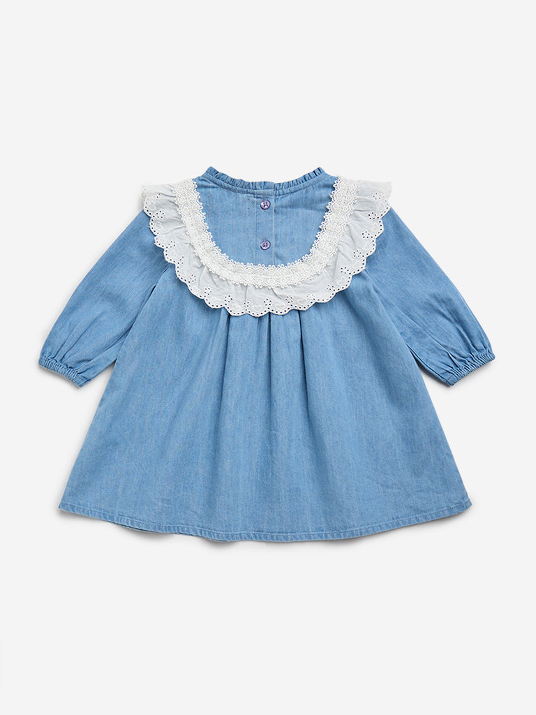 HOP Baby Blue Lace-Detailed A-Line Cotton Dress