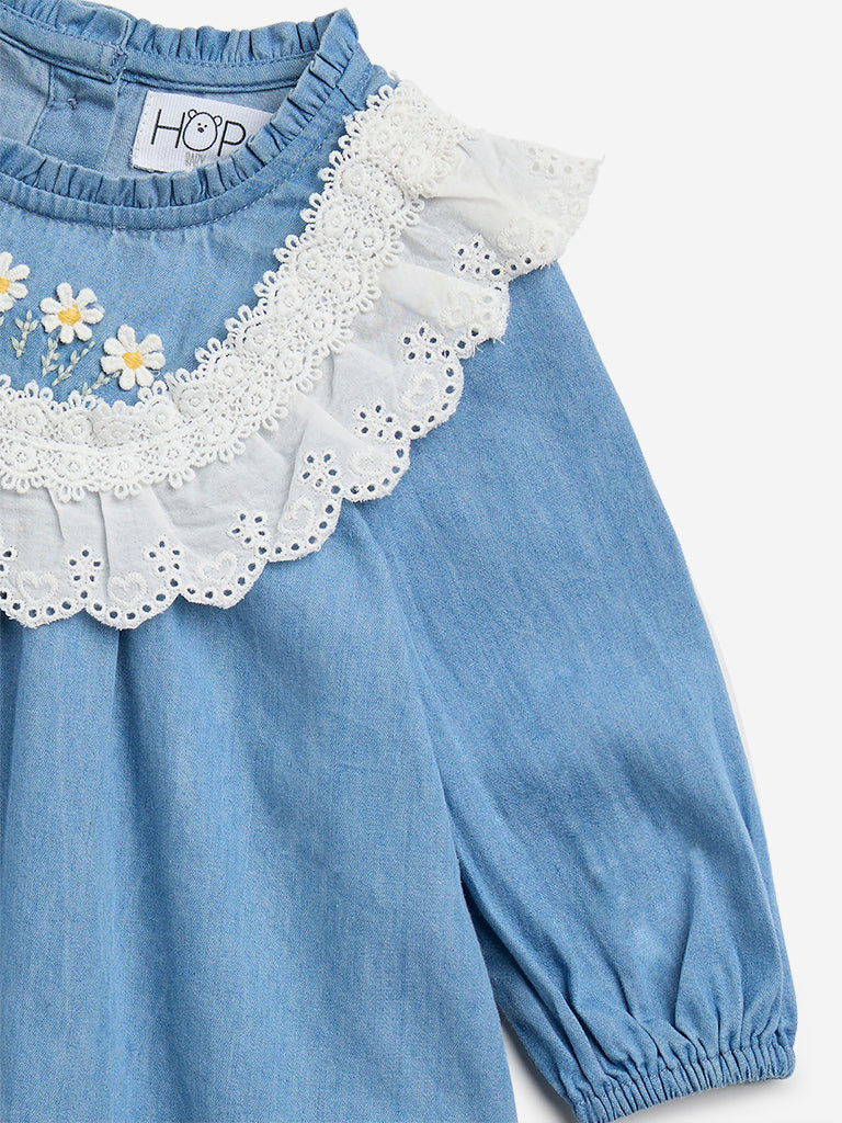 HOP Baby Blue Lace-Detailed A-Line Cotton Dress