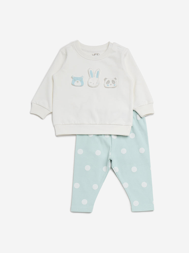 HOP Baby White Animal Design Cotton T-Shirt and Pants Set